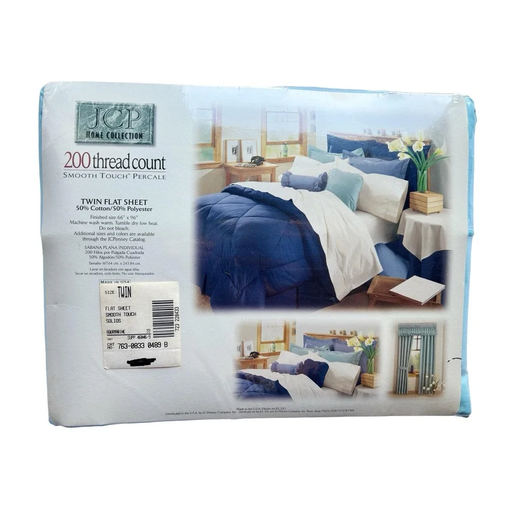 New NOS Vintage JC Penney Aqua TWIN Flat Top Sheet Bedding Spring Summer